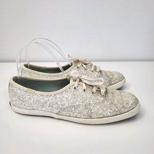 KEDS x KATE SPADE Glitter Sneakers Womens 8.5 Ivory Cream Ribbon Laces Shoes